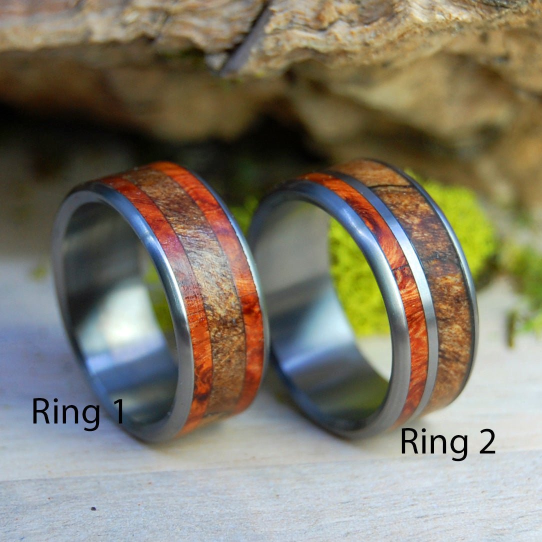 The Corner Of Their Heart | Amboyna Burl & Spalted Maple Titanium Wedding Ring Set - Minter and Richter Designs