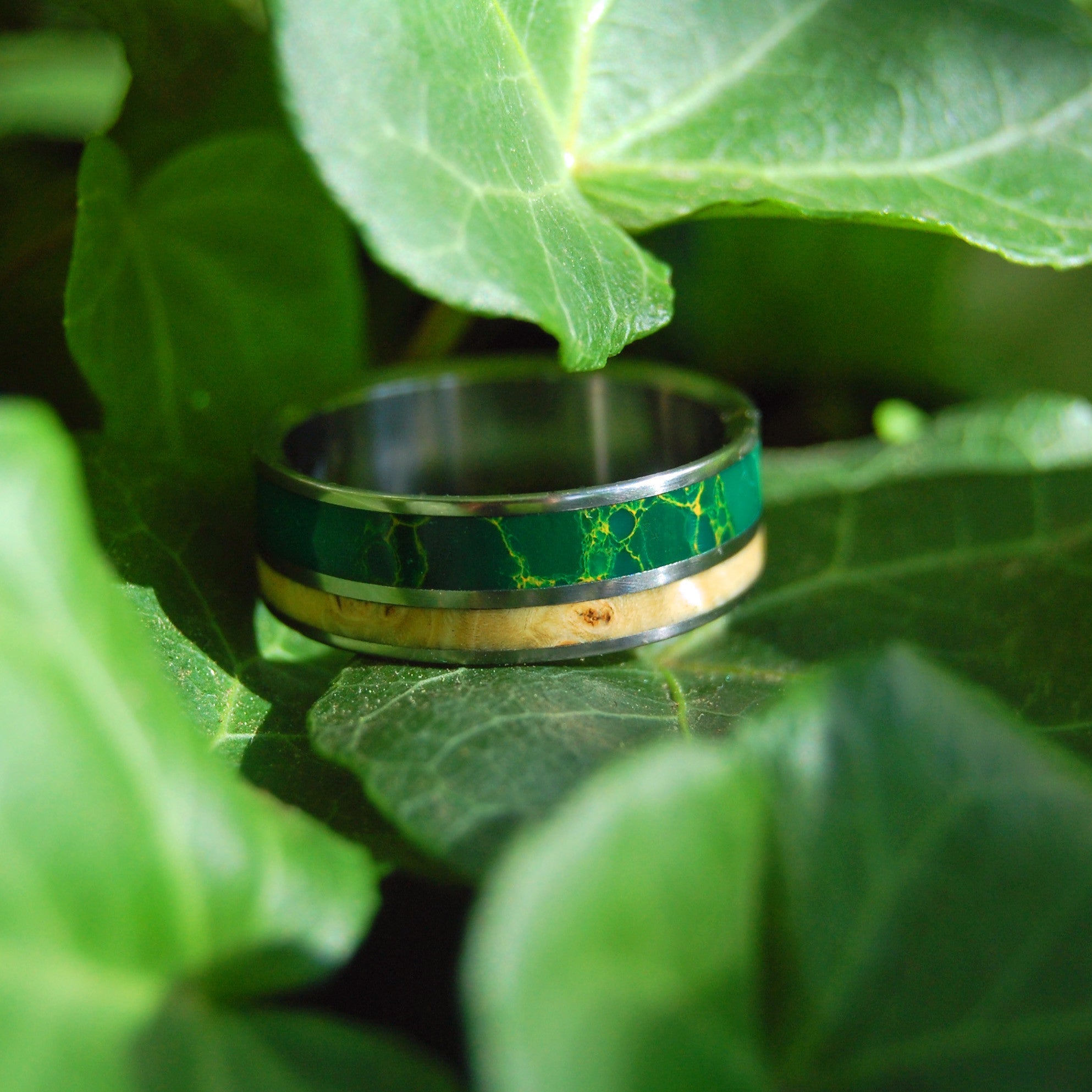 The Earth Romanced The Sun | Men's Jade, Wood & Titanium Wedding Ring - Minter and Richter Designs