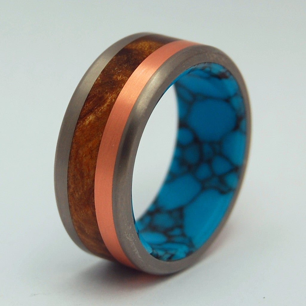 The Motive Of A Viking | Men's Copper, Turquoise, Desert Ironwood & Titanium Wedding Ring - Minter and Richter Designs