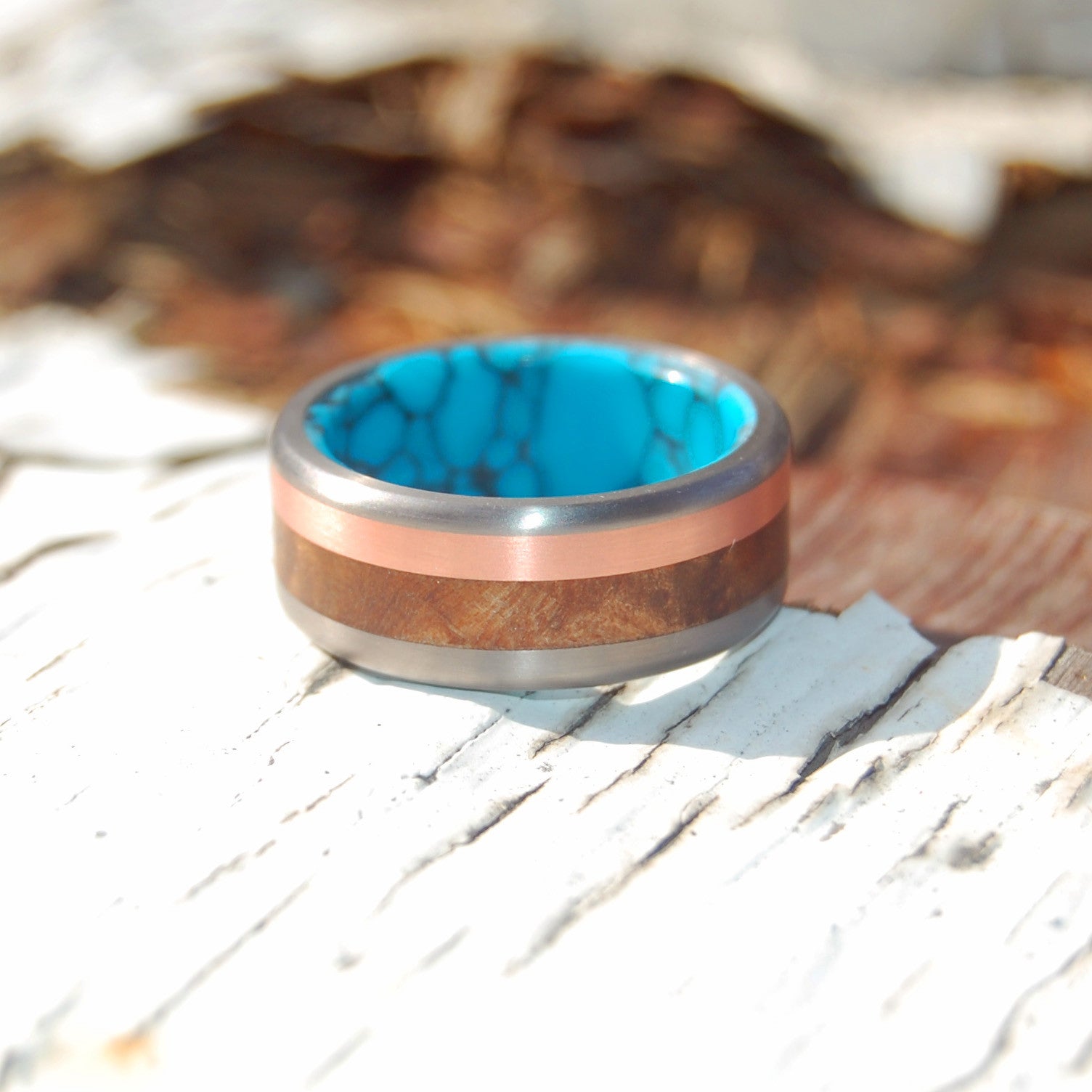 The Motive Of A Viking | Men's Copper, Turquoise, Desert Ironwood & Titanium Wedding Ring - Minter and Richter Designs