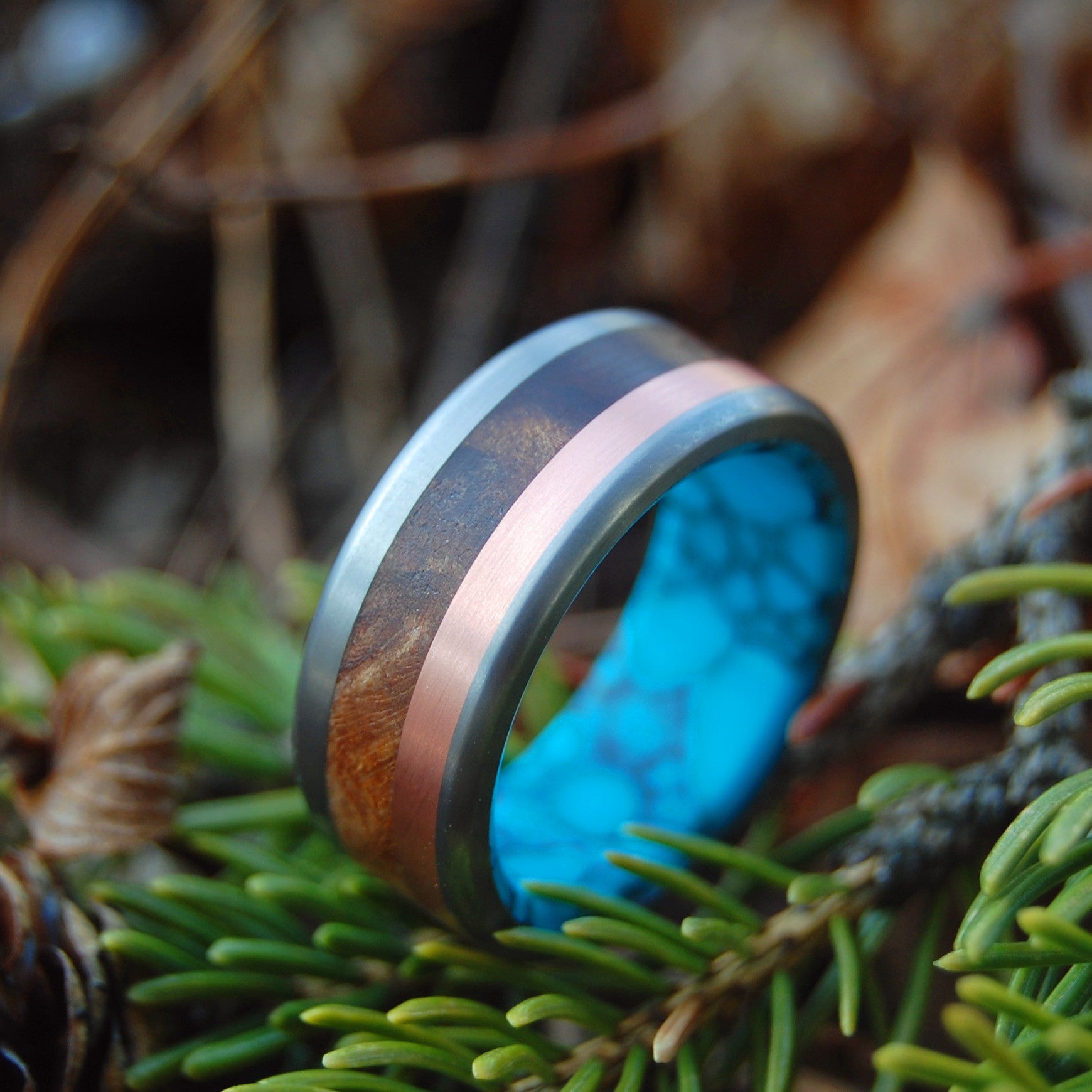 The Motive Of A Viking | Men's Copper, Turquoise, Desert Ironwood & Titanium Wedding Ring - Minter and Richter Designs