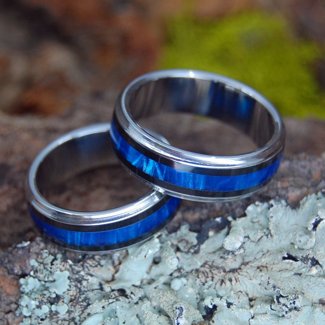 The Pilot And The Flight Attendant | Blue Marbled Resin & Titanium - Unique Wedding Ring - Wedding Ring Set - Minter and Richter Designs