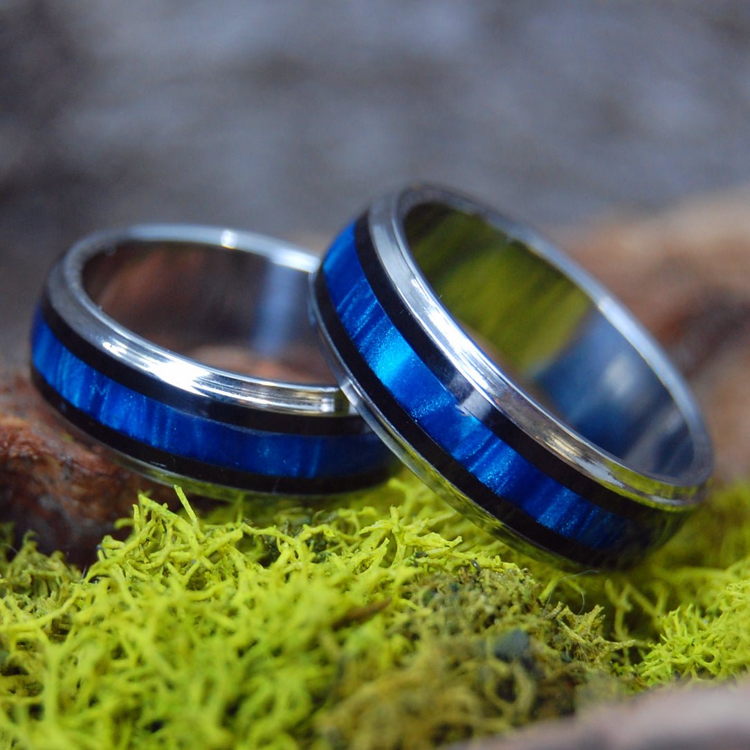 The Pilot And The Flight Attendant | Blue Marbled Resin & Titanium - Unique Wedding Ring - Wedding Ring Set - Minter and Richter Designs