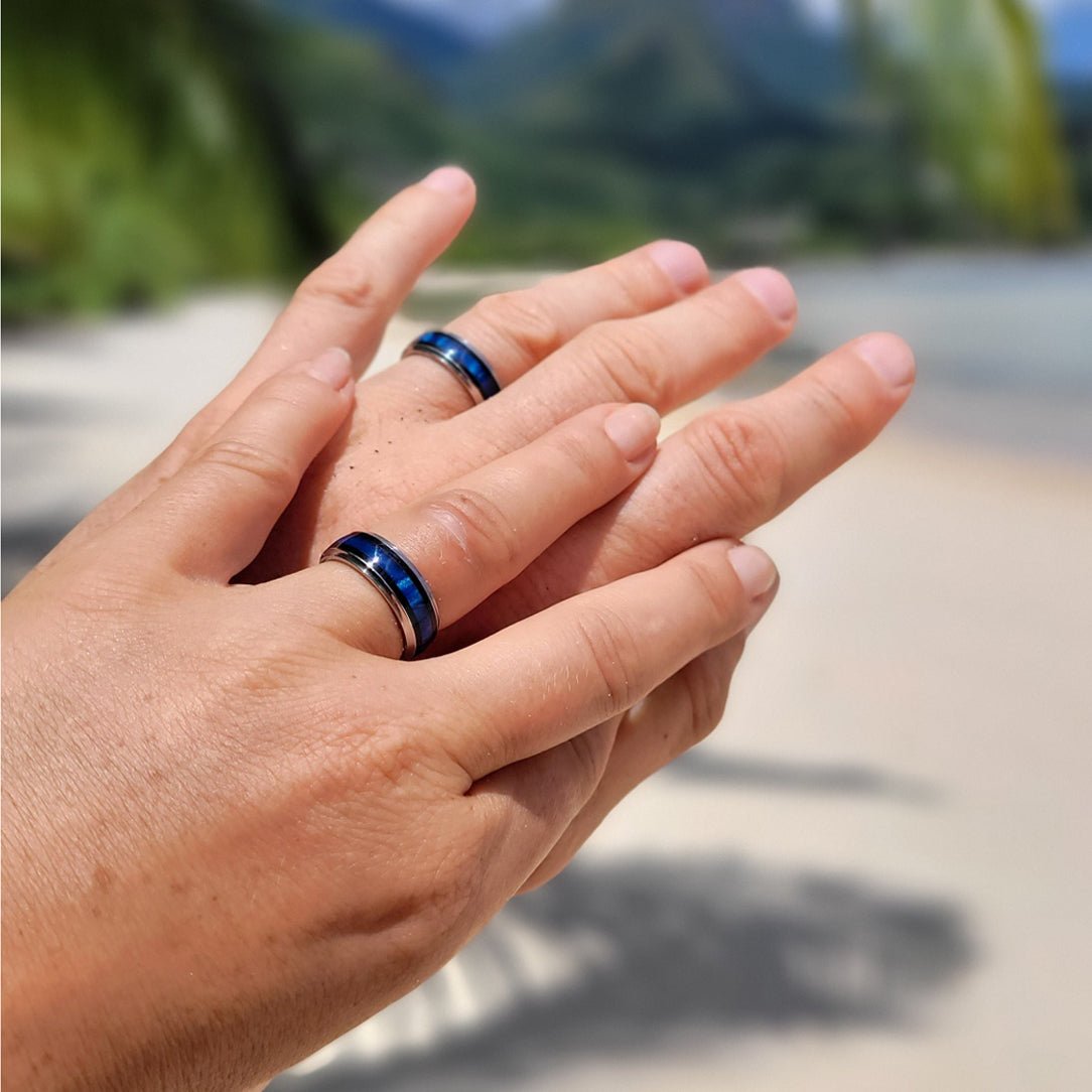 The Pilot And The Flight Attendant | Blue Marbled Resin & Titanium - Unique Wedding Ring - Wedding Ring Set - Minter and Richter Designs