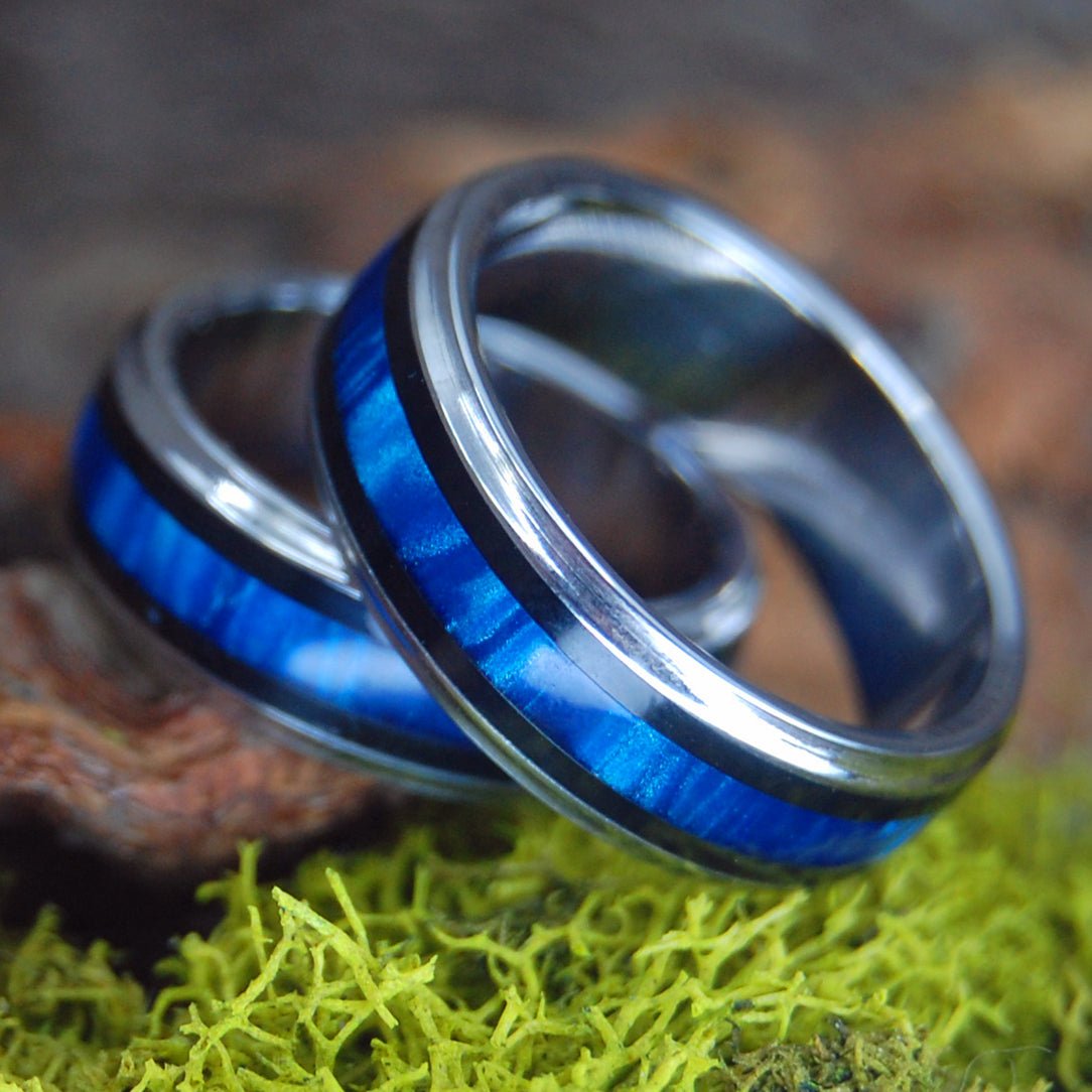 The Pilot And The Flight Attendant | Blue Marbled Resin & Titanium - Unique Wedding Ring - Wedding Ring Set - Minter and Richter Designs