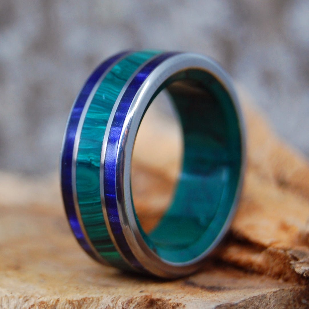 The Purple Sage | Men's Malachite, Jade, Purple Marbled Opalescent & Titanium Wedding Ring - Minter and Richter Designs