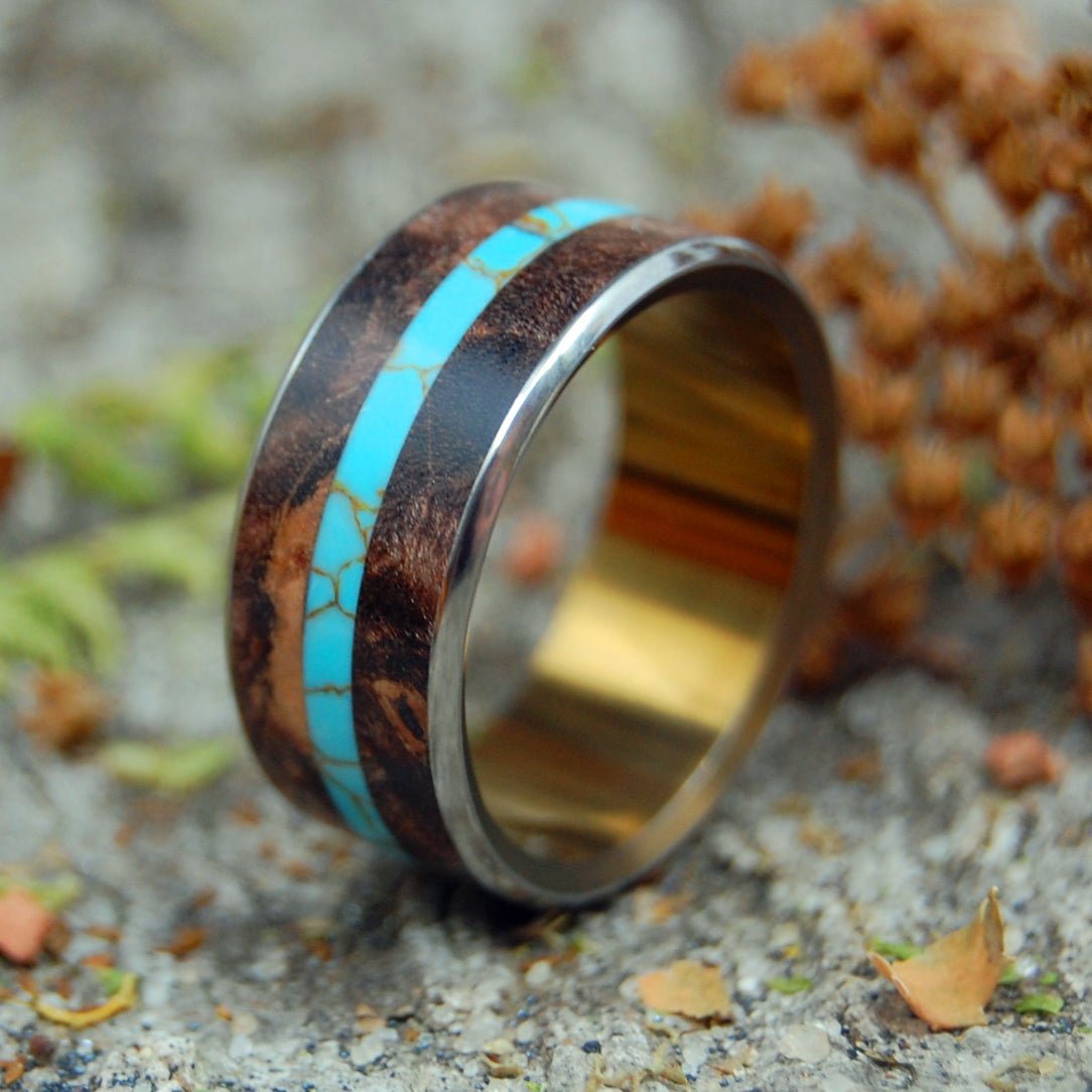 The Stonecutter | Men's Spalted Maple Wood, Turquoise & Titanium Wedding Ring - Minter and Richter Designs