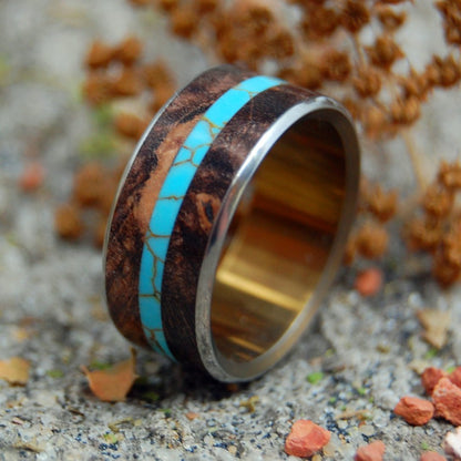 The Stonecutter | Men's Spalted Maple Wood, Turquoise & Titanium Wedding Ring - Minter and Richter Designs