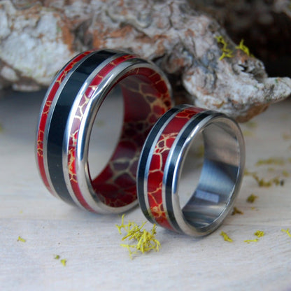 Those Days In Shanghai | Red Gold Webbed Jasper & Onyx Stone - Titanium Wedding Ring Set - Minter and Richter Designs