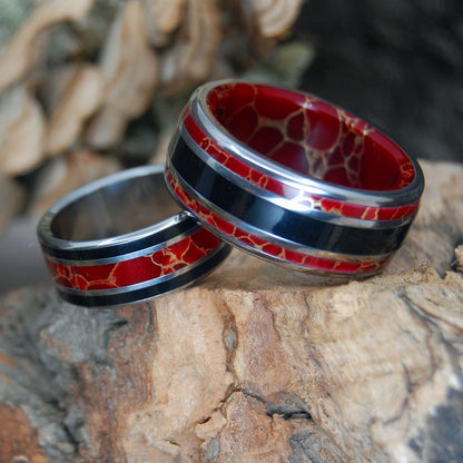 Those Days In Shanghai | Red Gold Webbed Jasper & Onyx Stone - Titanium Wedding Ring Set - Minter and Richter Designs