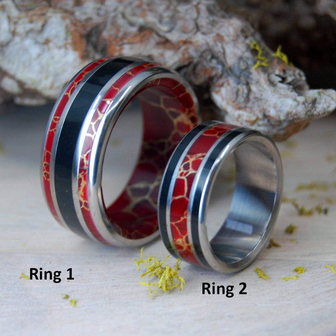 Those Days In Shanghai | Red Gold Webbed Jasper & Onyx Stone - Titanium Wedding Ring Set - Minter and Richter Designs