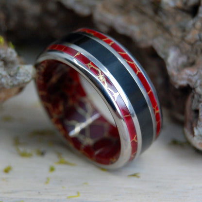 Those Days | Men's Red Gold Webbed Jasper, Onyx Stone & Titanium Wedding Ring - Minter and Richter Designs