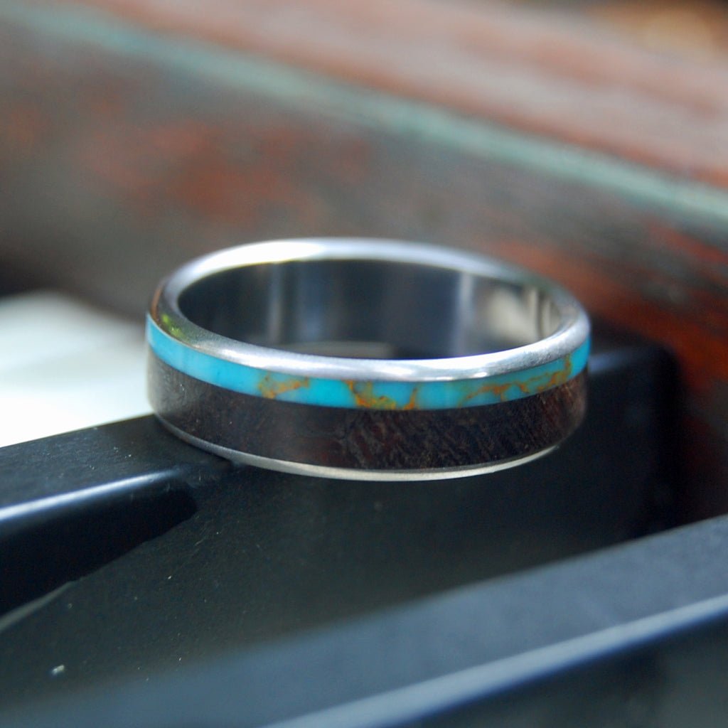 Tibetan Plateau Rounded | Men's Desert Ironwood, Tibetan Turquoise & Titanium Wedding Ring - Minter and Richter Designs