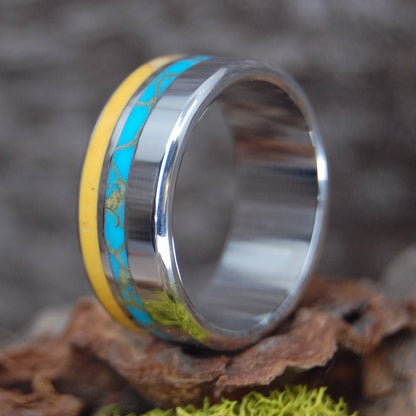 Tibetan Sunrise | Men's Yellow Jasper, Tibetan Turquoise & Inox Steel Wedding Ring - Minter and Richter Designs