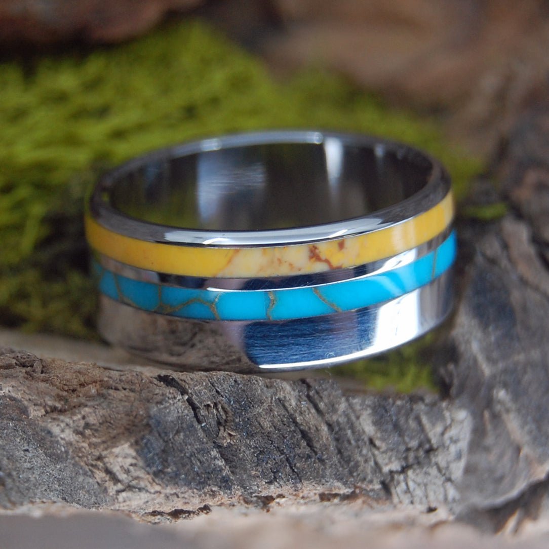 Tibetan Sunrise | Men's Yellow Jasper, Tibetan Turquoise & Inox Steel Wedding Ring - Minter and Richter Designs