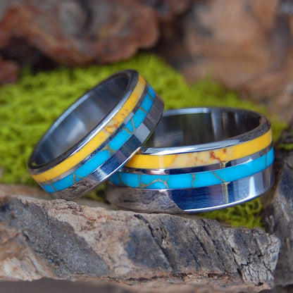 Tibetan Sunrise | Tibetan Turquoise & Honey Jasper In Inox Steel - Unique Wedding Ring - Wedding Ring Set - Minter and Richter Designs