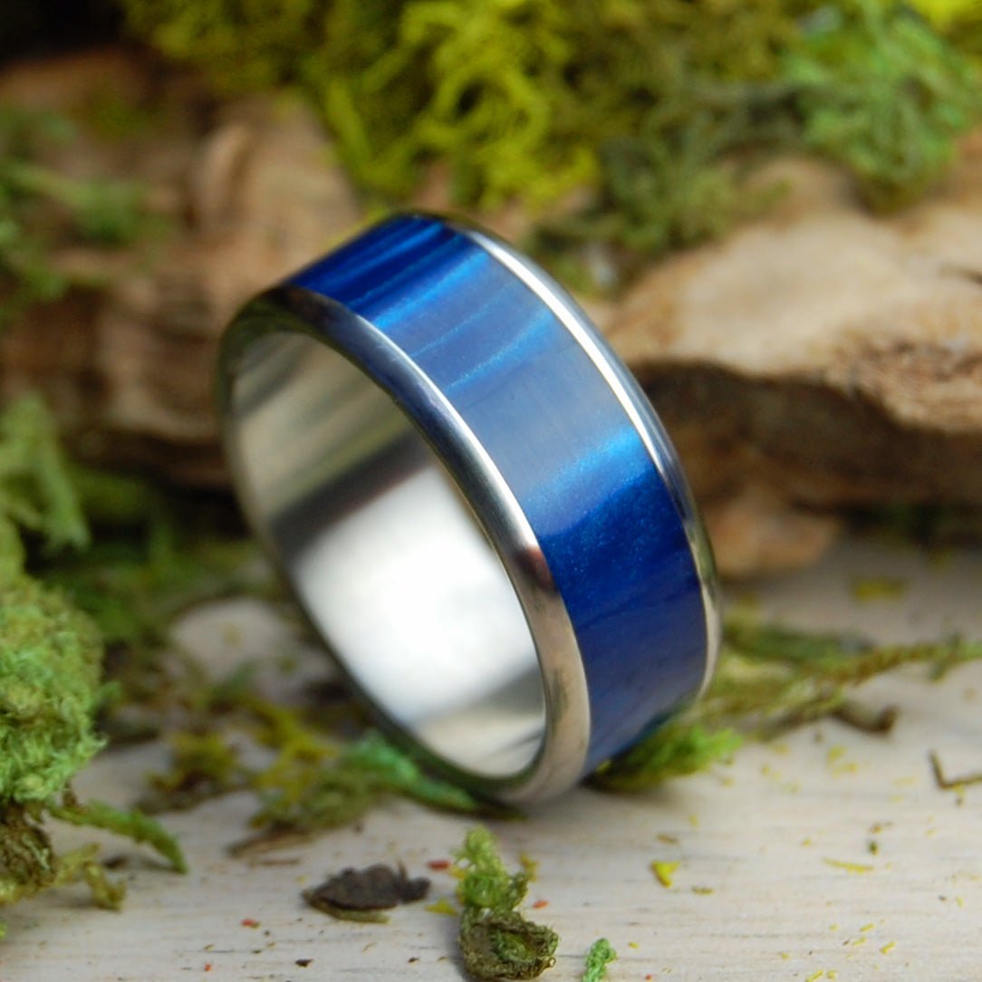 To See The Sea | Men's Blue Marbled Opalescent Resin & Inox Wedding Ring - Minter and Richter Designs