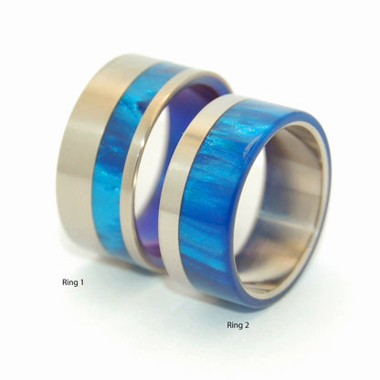 To The Winds Promise | Blue Marbled Resin & Titanium - Unique Wedding Ring - Wedding Ring Set - Minter and Richter Designs