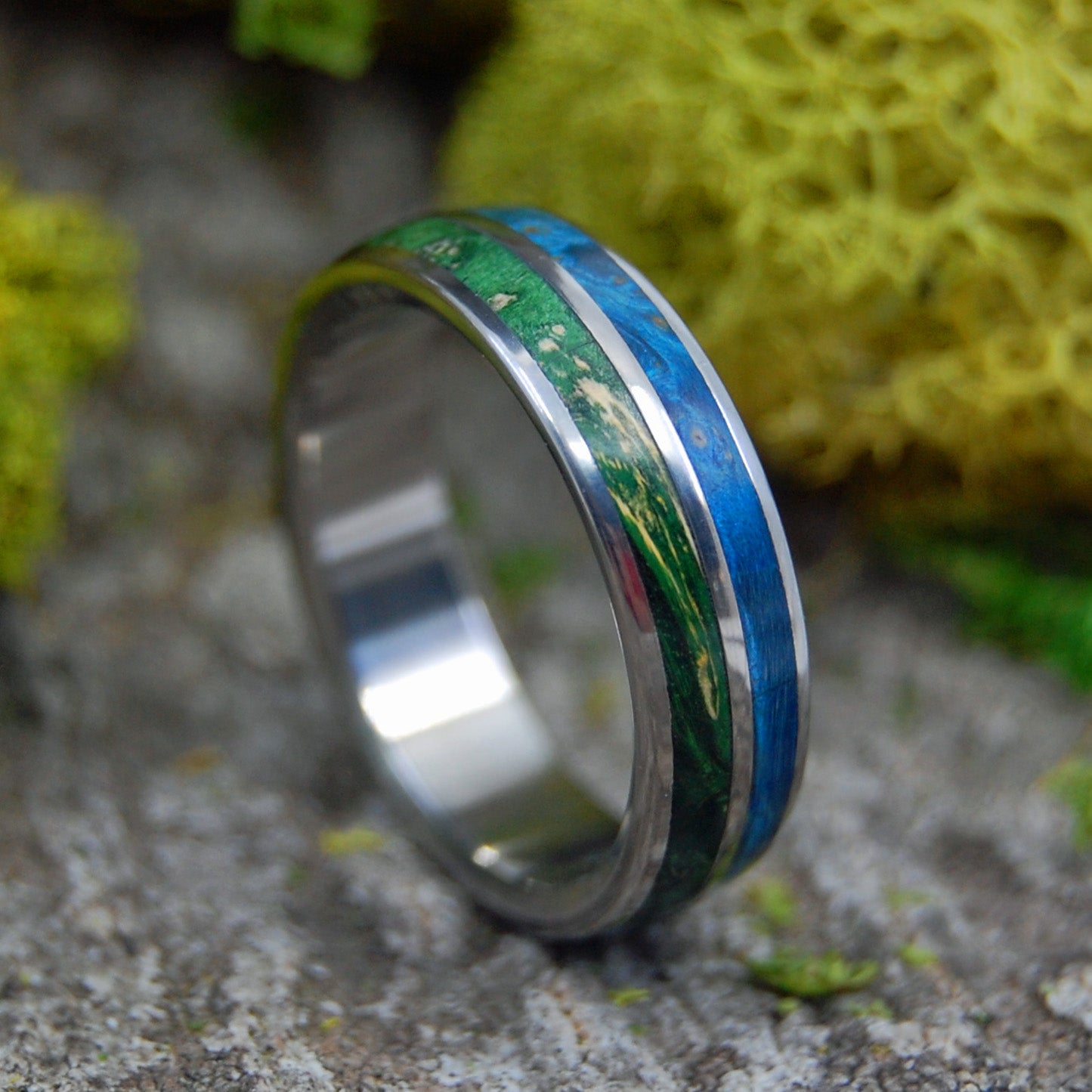 Together True | Men's Blue & Green Box Elder Wood & Titanium Wedding Ring - Minter and Richter Designs