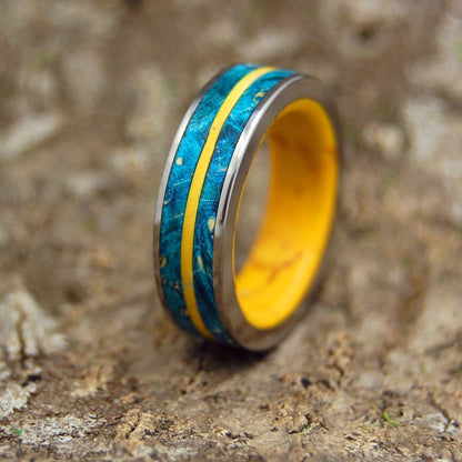 Tornado Of Desire And Sunshine | Women's Yellow Jasper Stone, Blue Box Elder Wood & Titanium Wedding Ring - Minter and Richter Designs