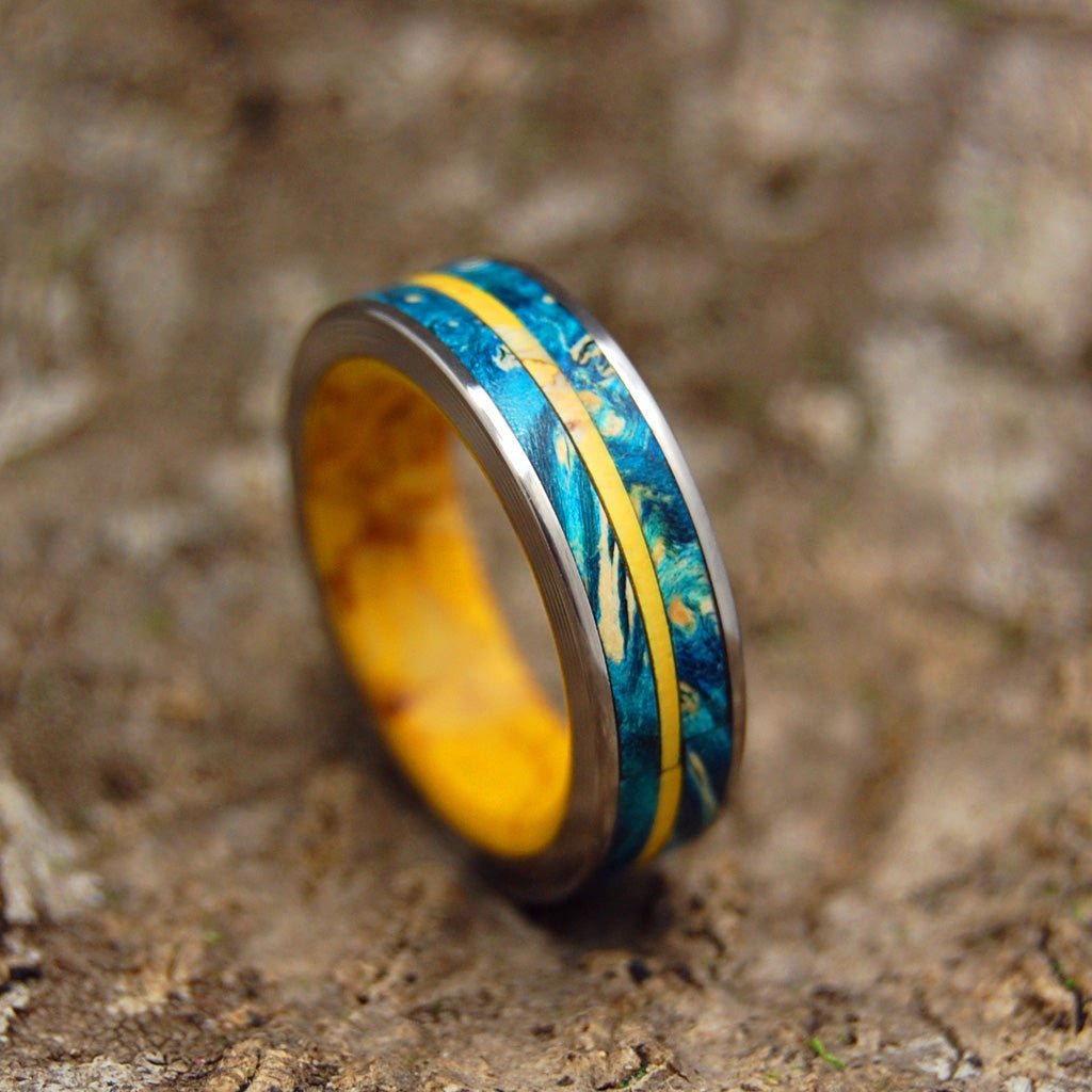 Tornado Of Desire And Sunshine | Women's Yellow Jasper Stone, Blue Box Elder Wood & Titanium Wedding Ring - Minter and Richter Designs