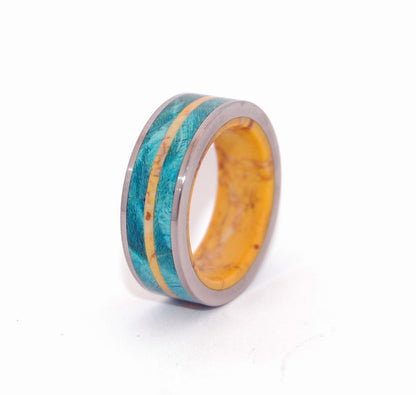 Tornado Of Desire And Sunshine | Women's Yellow Jasper Stone, Blue Box Elder Wood & Titanium Wedding Ring - Minter and Richter Designs