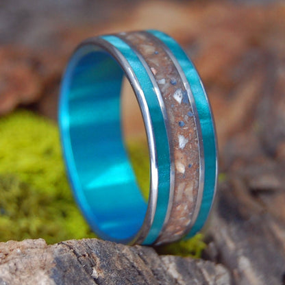 Turquoise Sea Of Galilee | Men's Antique Green Resin, Crushed Israel Stone & Titanium Wedding Ring - Minter and Richter Designs