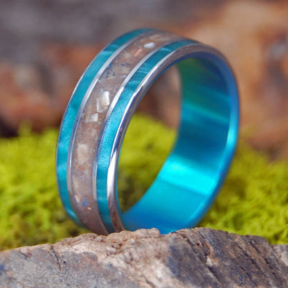 Turquoise Sea Of Galilee | Men's Antique Green Resin, Crushed Israel Stone & Titanium Wedding Ring - Minter and Richter Designs