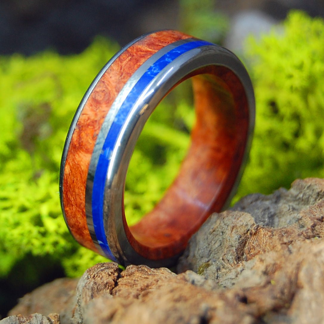 Twilight | Men's Amboyna Burl Wood, Sodalite Stone & Titanium Wedding Ring - Minter and Richter Designs