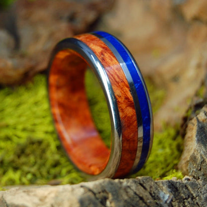 Twilight | Men's Amboyna Burl Wood, Sodalite Stone & Titanium Wedding Ring - Minter and Richter Designs