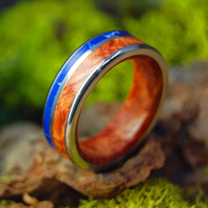 Twilight | Men's Amboyna Burl Wood, Sodalite Stone & Titanium Wedding Ring - Minter and Richter Designs