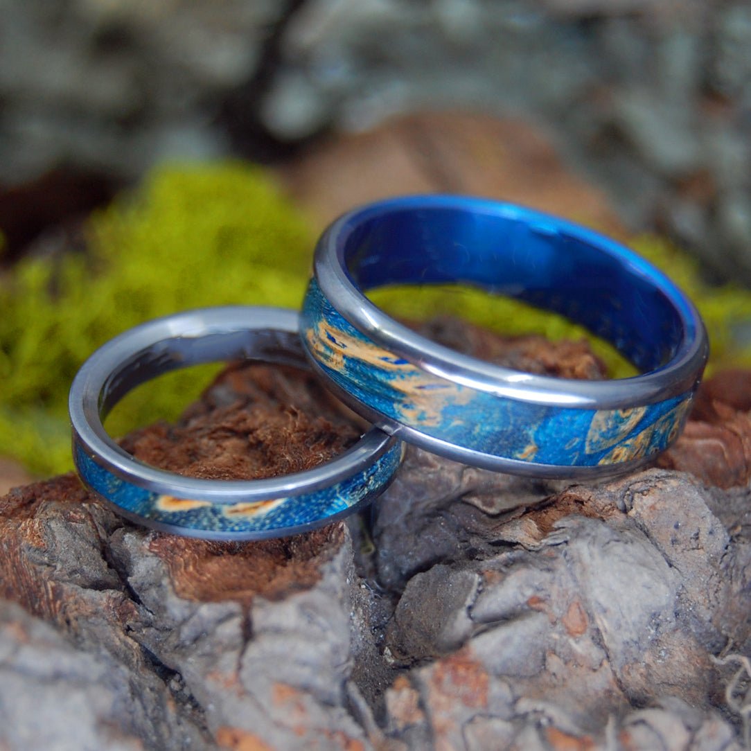 Under Blue Moons | Blue Box Elder Wood & Titanium - Unique Wedding Ring - Wedding Ring Set - Minter and Richter Designs