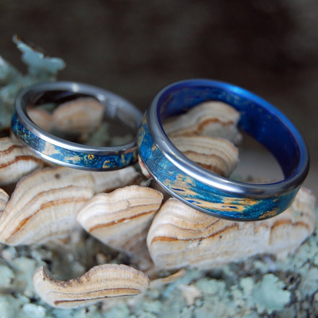 Under Blue Moons | Blue Box Elder Wood & Titanium - Unique Wedding Ring - Wedding Ring Set - Minter and Richter Designs