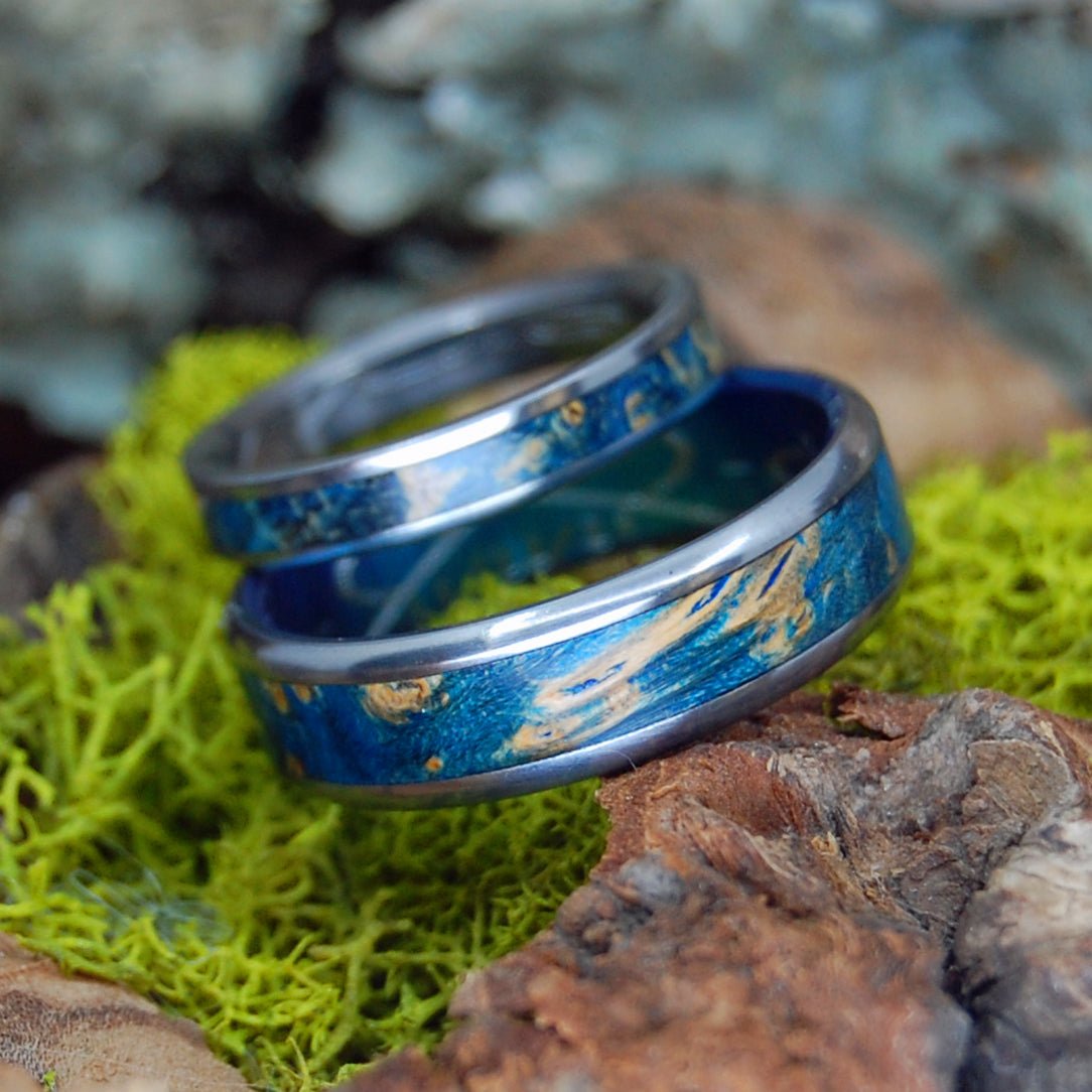 Under Blue Moons | Blue Box Elder Wood & Titanium - Unique Wedding Ring - Wedding Ring Set - Minter and Richter Designs