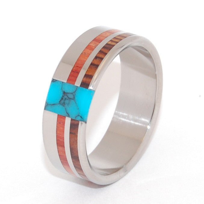 Unfolding Beauty | Men's Tulip Wood, Cocobolo Wood, & Turquoise Wedding Ring - Minter and Richter Designs