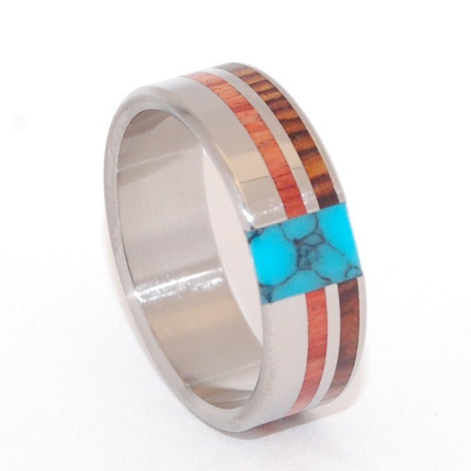 Unfolding Beauty | Men's Tulip Wood, Cocobolo Wood, & Turquoise Wedding Ring - Minter and Richter Designs