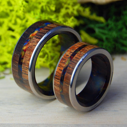 Vegas Love | Lava Burst Resin Koa Wood - His & Hers Wedding Band Set - Wooden Wedding Ring - Minter and Richter Designs