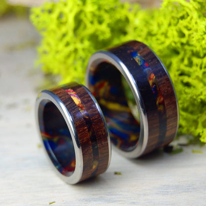 Vegas Love | Lava Burst Resin Koa Wood - His & Hers Wedding Band Set - Wooden Wedding Ring - Minter and Richter Designs