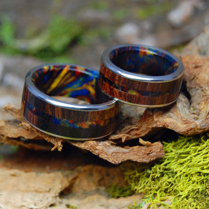 Vegas Love | Lava Burst Resin Koa Wood - His & Hers Wedding Band Set - Wooden Wedding Ring - Minter and Richter Designs