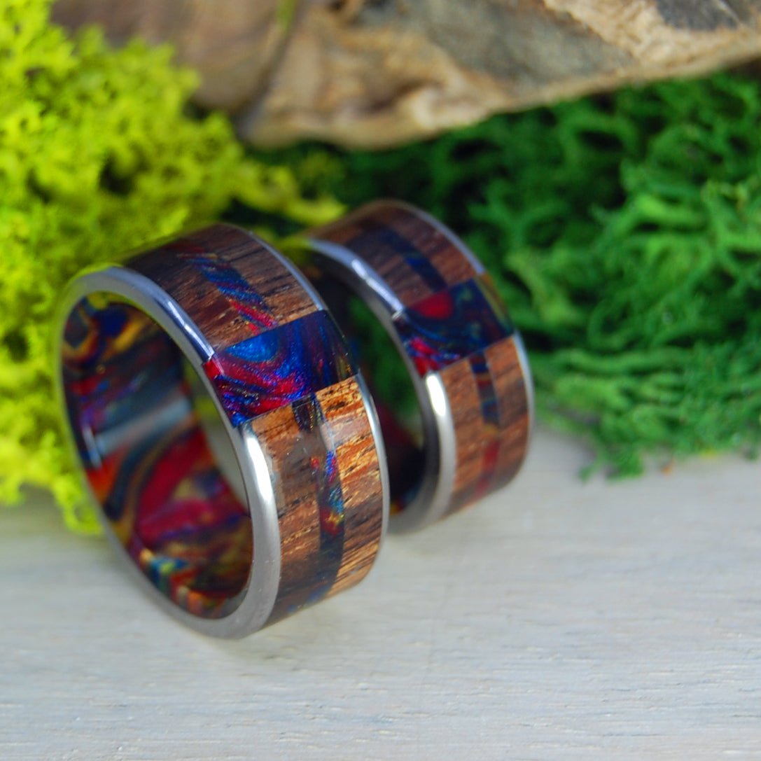 Vegas Nights | Lava Burst Resin Koa Wood - His & Hers Wedding Band Set - Wooden Wedding Ring - Minter and Richter Designs