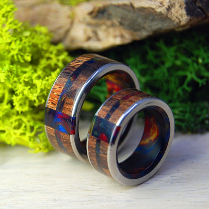 Vegas Nights | Lava Burst Resin Koa Wood - His & Hers Wedding Band Set - Wooden Wedding Ring - Minter and Richter Designs