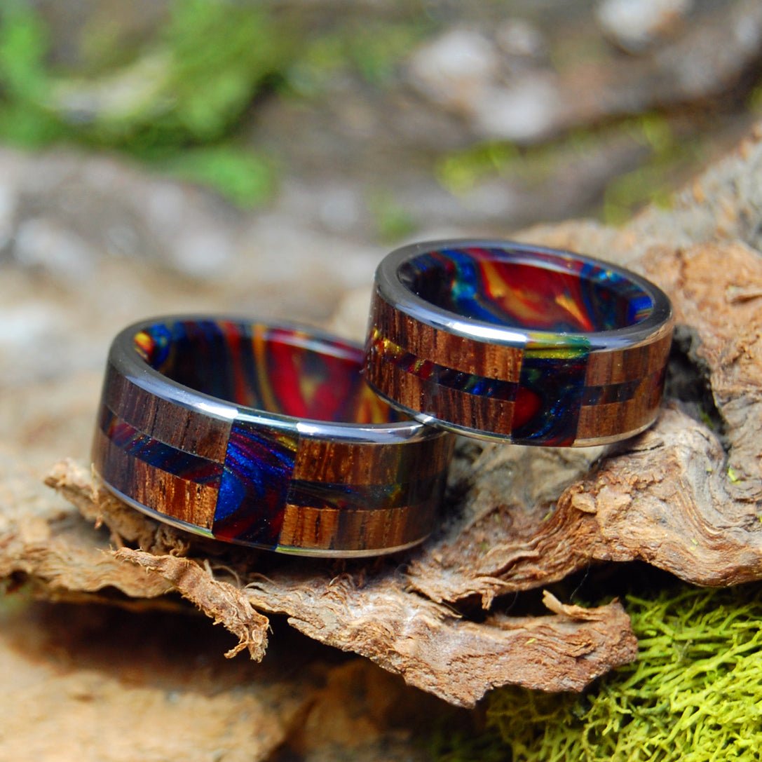 Vegas Nights | Lava Burst Resin Koa Wood - His & Hers Wedding Band Set - Wooden Wedding Ring - Minter and Richter Designs