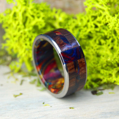 Vegas Nights | Men's Lava Burst Resin, Koa Wood & Titanium Wedding Ring - Minter and Richter Designs