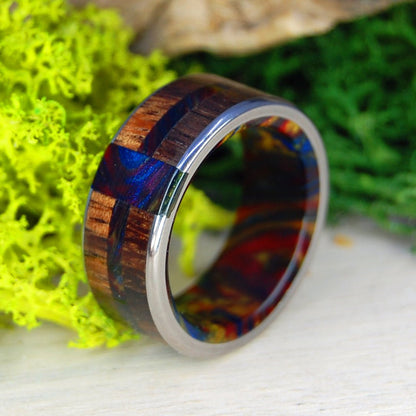 Vegas Nights | Men's Lava Burst Resin, Koa Wood & Titanium Wedding Ring - Minter and Richter Designs