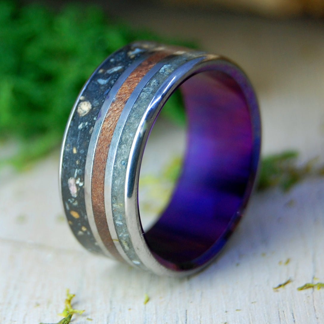 VERMONT AGATE | Men's Beach Sand, Icelandic Lava, California Redwood, & Titanium Wedding Ring - Minter and Richter Designs