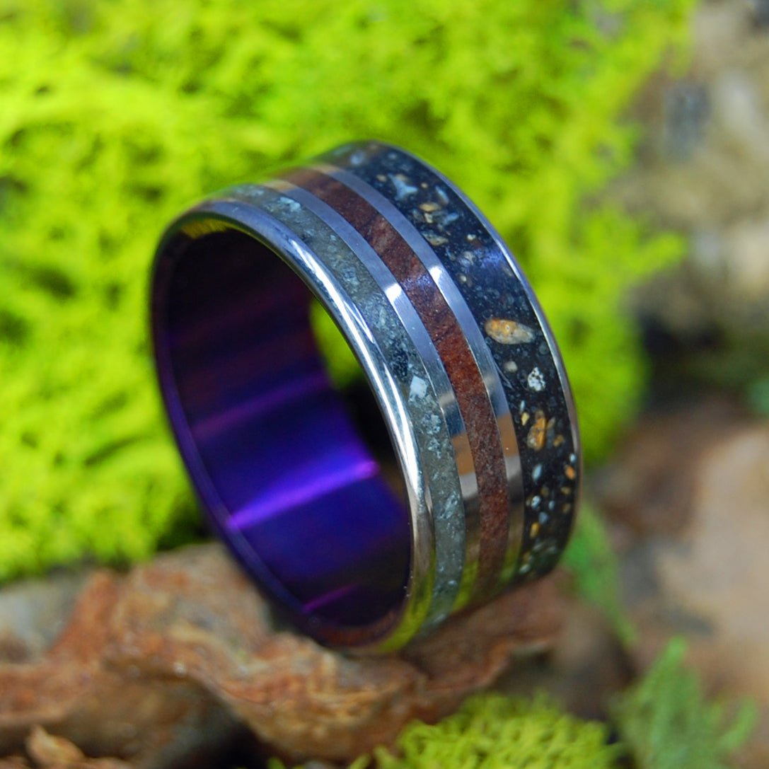 VERMONT AGATE | Men's Beach Sand, Icelandic Lava, California Redwood, & Titanium Wedding Ring - Minter and Richter Designs