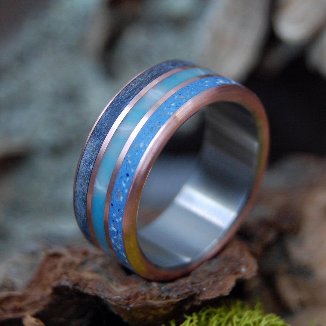 Vero Beach | Men's Blue Box Elder Wood, Vero Beach Sand, Larimar Stone, & Titanium Wedding Ring - Minter and Richter Designs