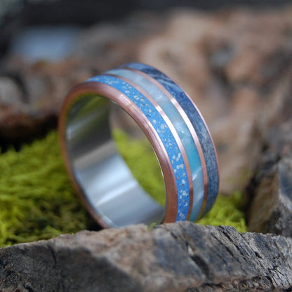 Vero Beach | Men's Blue Box Elder Wood, Vero Beach Sand, Larimar Stone, & Titanium Wedding Ring - Minter and Richter Designs