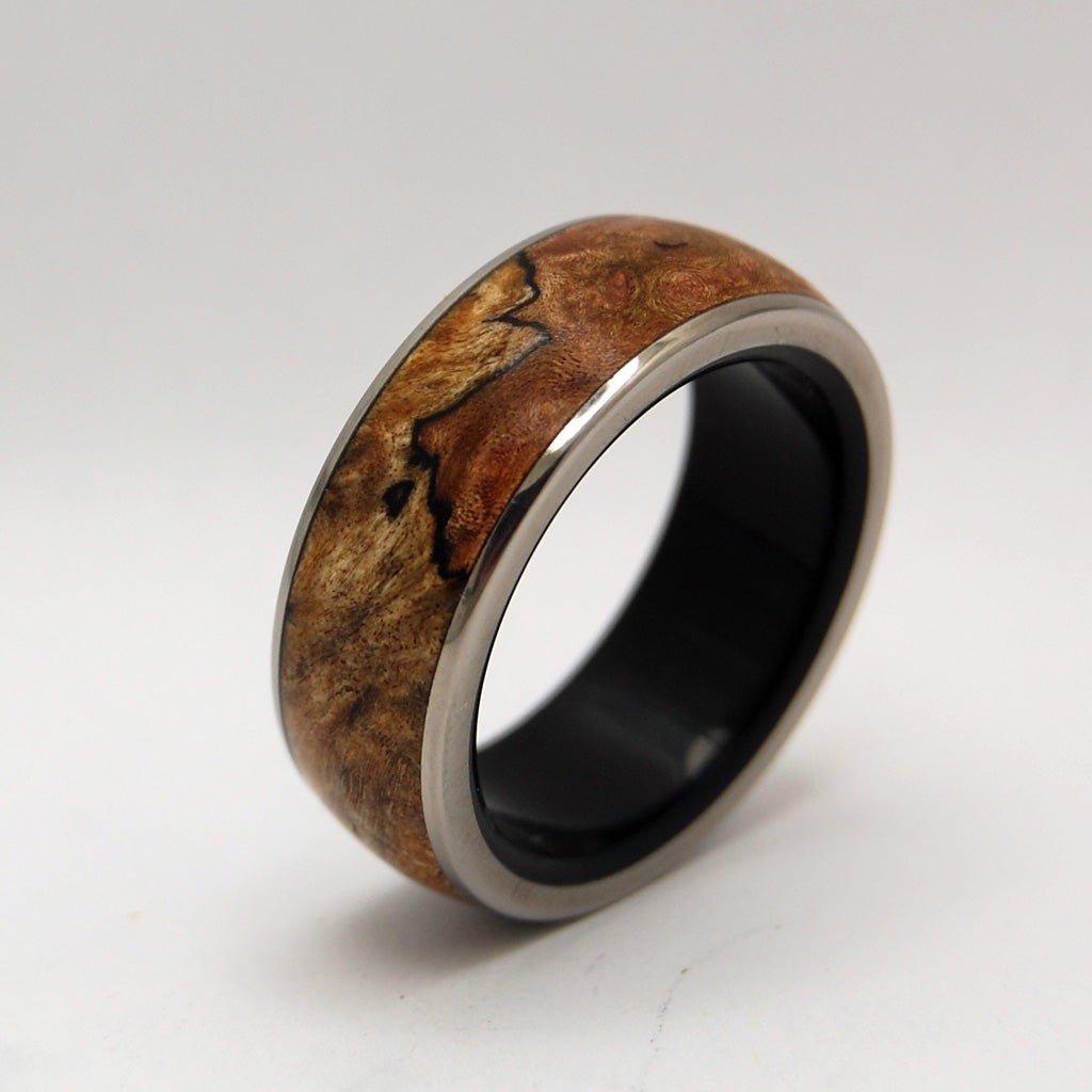 Victory Ensured | Men's Spalted Maple Wood, Black Onyx Stone & Titanium Wedding Ring - Minter and Richter Designs