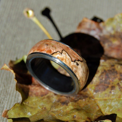 Victory Ensured | Men's Spalted Maple Wood, Black Onyx Stone & Titanium Wedding Ring - Minter and Richter Designs